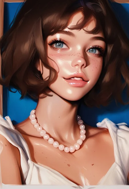 Score_9, score_8_up, score_7_up, score_6_up, score_5_up, score_4_up, painting, oil painting,1girl, brown hair, pearl necklace, 1girl, solo, freckles, choker, necklace, jewelry, short hair, looking at viewer, lips, cute,