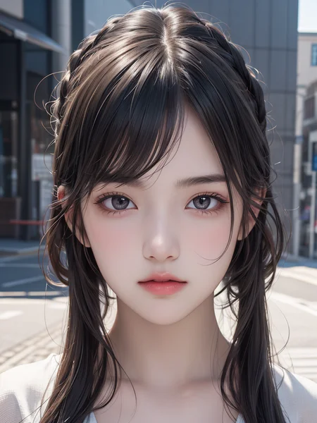 1girl, (masterpiece, best quality), RAW photo, 16k wallpaper, extremely detailed CG, amazing, ultra detailed, hyperrealistic, official art, High quality texture, incredibly absurdres, highres, 18 years old, cute girl, beautiful face, detailed large black eyes,random background,outdoors,full body, ((random expressions)),