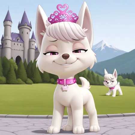 Sweetie(PP), solo, 1girl, feral, dog, dog girl, West Highland White Terrier, white fur, bangs, pointed dog ears, dog tail, short tail, pink eyes, pink collar, crown shaped dog tag, full body, looking at viewer, standing, smile, eyes half closed, smug expression, outdoors, castle setting,
