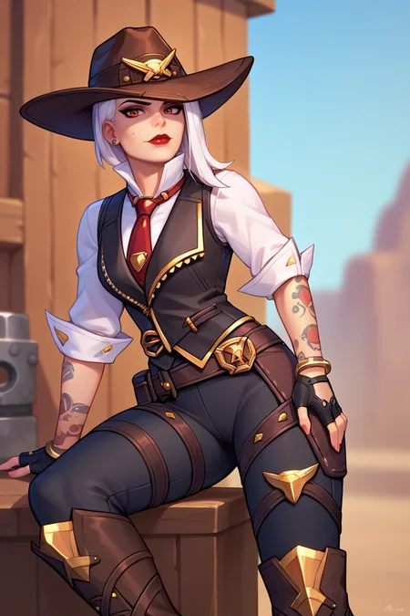 score_9, score_8_up, score_7_up, BREAK, 1girl, solo, <lora:asheow-guy-PONYv1:1>, asheow, makeup, hat, lipstick, tattoo, necktie, cowboy hat, white shirt, jewelry, earrings, black vest, fingerless gloves, black pants, belt, boots, looking at viewer,