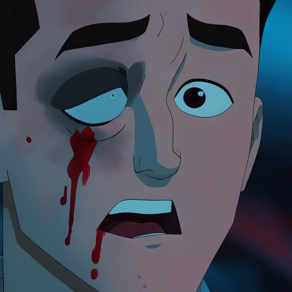 cinematic film still of  <lora:Invincible (TV series):0.4>
 <lora:detailed:0.4> detailed
 <lora:perfection style:0.4> perfect
 <lora:PerfectEyesXL:0.3>
 <lora:Mark Grayson bruised eye:1>
Mark Grayson bruised eye a cartoon man with a red blood stain on face and a black eye,black eye,solo,looking at viewer,open mouth,1boy,male focus,teeth,black eyes,blue background,scar,parody,close-up, shallow depth of field, vignette, highly detailed, high budget, bokeh, cinemascope, moody, epic, gorgeous, film grain, grainy