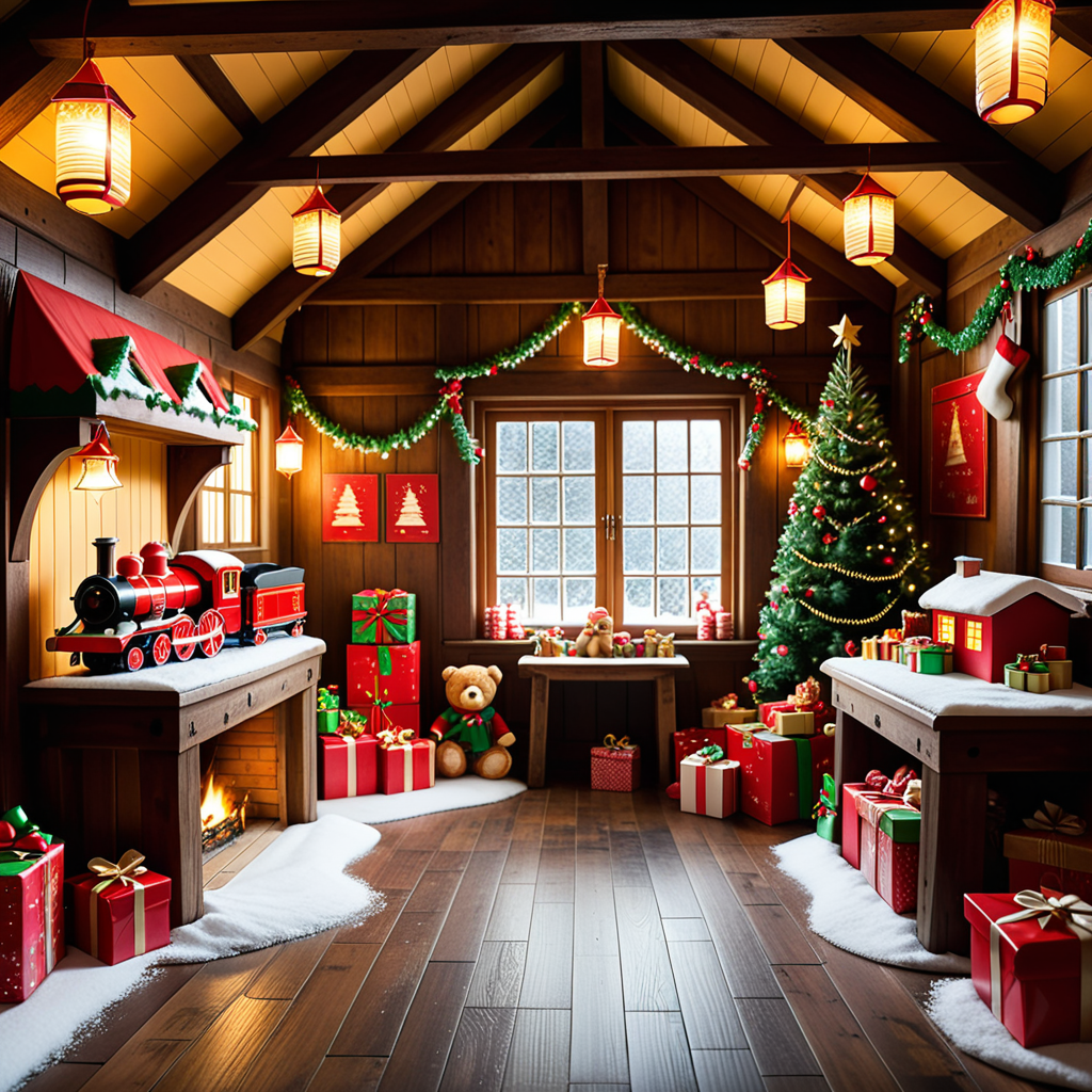 A warm, inviting photograph of Santa Claus's workshop, completely empty yet brimming with festive energy. The room is illuminated by soft golden light from lanterns hanging from wooden beams and a crackling fireplace in the corner. Wooden tables are scattered with tools, paints, and half-assembled toys, including a bright red train, a teddy bear, and colorful wooden blocks. Shelves along the walls overflow with vibrant gift boxes, plush toys, and neatly stacked wrapping paper rolls. The floor is dusted with wood shavings and glitter, adding a sense of activity left behind. Snow-covered windows reveal a faint winter landscape outside, with icicles hanging from the edges. A large chalkboard on one wall lists "Nice & Naughty" names in festive handwriting. The air feels magical, as though the elves just stepped out for a break, leaving the workshop frozen in a perfect holiday moment.<lora:SDXLFaeTastic2400:0.4> <lora:extremely_detailed:0.4> extremely detailed,, Masterpiece,best quality,hi res,8k,hi res,8k,award winning,(sharp focus, intricate, highly detailed),