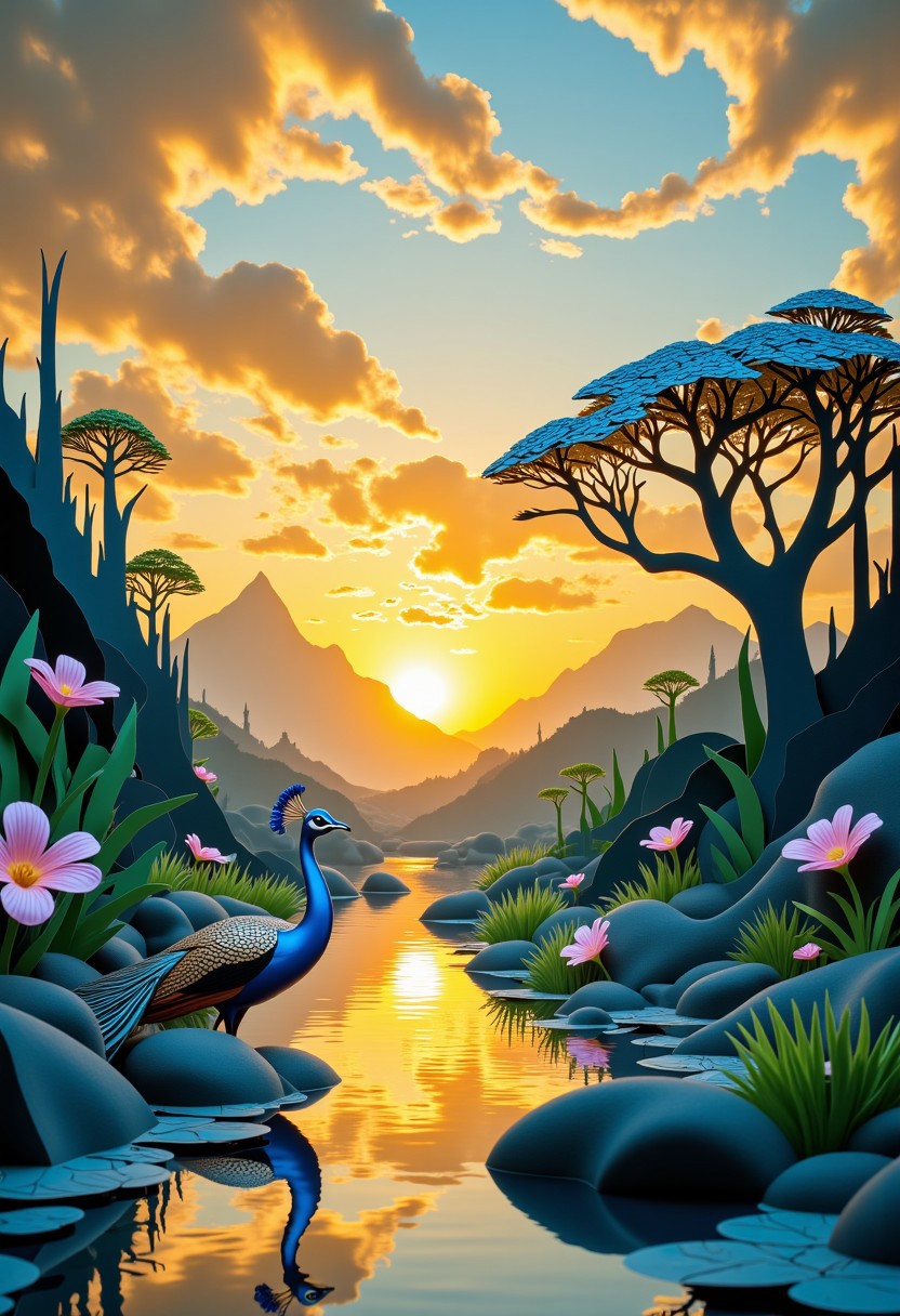 thick layered papercut art of 
In pastel hues and romantic artistry, this fantastical painting captures a single peacock sipping from a tranquil lake at sunset. Shadows dance across the sky as clouds drift by. The setting sun bathes the scene in a warm, golden light, creating an ethereal atmosphere.
The peacock’s feathers are rendered with exquisite detail, each scale shimmering under the artist’s skilled hand. The clouds in the background transition from soft yellows and oranges to deep blues and golds, enhancing the dreamlike quality of the scene.
Reminiscent of fantasy art, the painting focuses on intricate details and a sense of wonder. It is a true masterpiece, showcasing the artist’s exceptional ability to capture the beauty and majesty of nature in a surreal and imaginative way.  
deep 3D, volumetric, dimensional, depth, thick paper, high stack, heavy texture, tangible layers, 
beautiful, detailed, textural, artistic, vivid, vibrant,  aesthetic, intricate details, highly detailed, ultra-detailed, absurdres, 
aidmaMJ6.1, Jed-ppct, papercutstyle