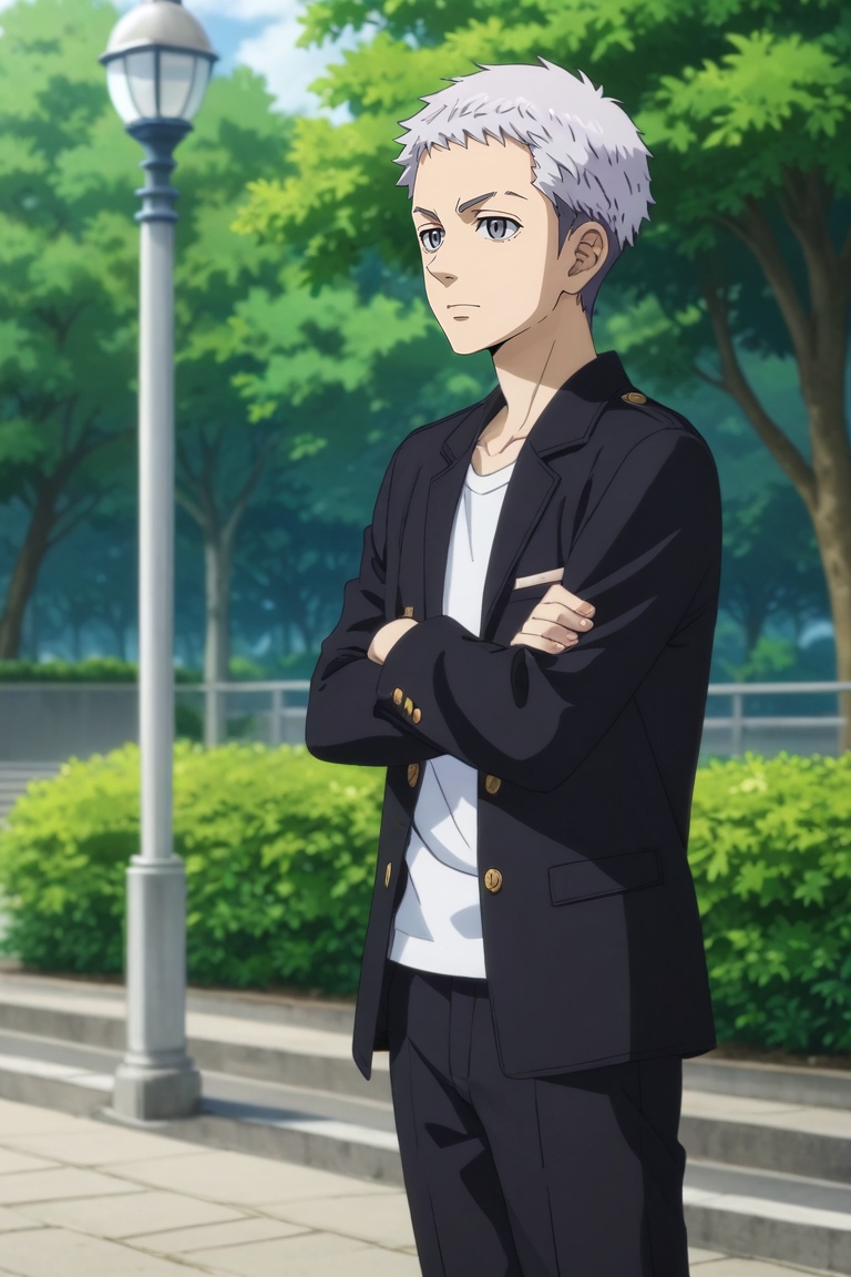 score_9, score_8_up, score_7_up, source_anime, rating_safe, , anime screencap, , official style, , depth of field, 1boy, solo, male focus, <lora:takashi_mitsuya_pony:0.76>, takashi_mitsuya, grey hair, grey eyes, short hair, wide angle, wide shot, full body, park, midnight, arms under breasts, speaking, talking, , <lora:sdxl_lightning_8step_lora:1>