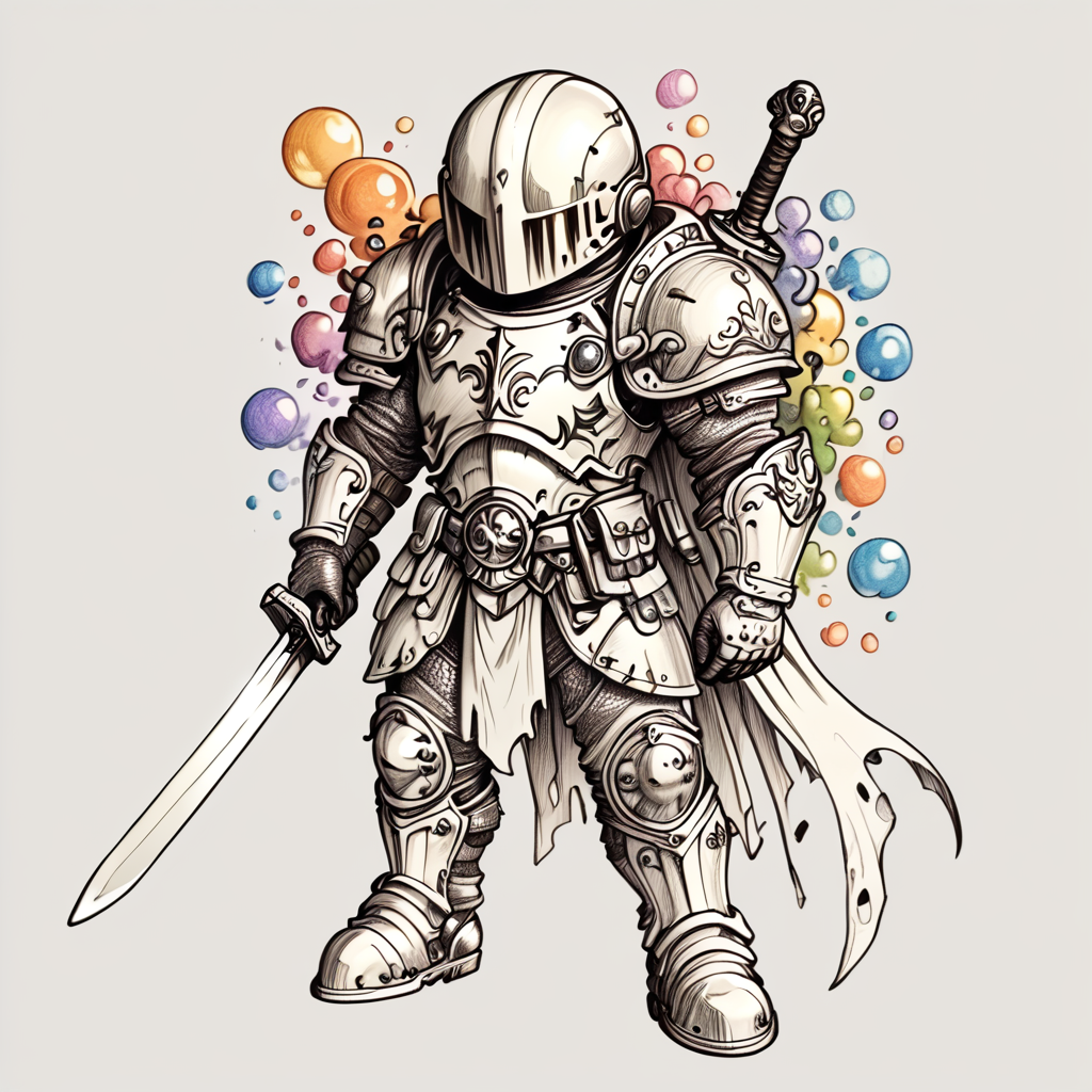 ArsMJStyle, Whimsical Mechanica, Line Drawing, The image is a black and white line drawing of a knight in full armor. The knight is holding a sword in his right hand and is standing with his left hand on his hip. He is wearing a helmet with a visor and a shield on his chest. The armor is made up of multiple layers of armor including a chest plate breastplate and knee pads. The helmet is also covered in armor and has a large visor. The sword has a long pointed blade and a pointed tip. The background is filled with small colorful bubbles giving the impression of movement. The overall style of the illustration is sketchy and detailed., weapon, sword, solo, armor, holding, holding weapon, holding sword, full armor, cape, helmet  <lora:Whimsical_Mechanica_Line_DrawingPony:1>