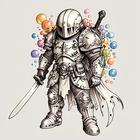 ArsMJStyle, Whimsical Mechanica, Line Drawing, The image is a black and white line drawing of a knight in full armor. The knight is holding a sword in his right hand and is standing with his left hand on his hip. He is wearing a helmet with a visor and a shield on his chest. The armor is made up of multiple layers of armor including a chest plate breastplate and knee pads. The helmet is also covered in armor and has a large visor. The sword has a long pointed blade and a pointed tip. The background is filled with small colorful bubbles giving the impression of movement. The overall style of the illustration is sketchy and detailed., weapon, sword, solo, armor, holding, holding weapon, holding sword, full armor, cape, helmet <lora:Whimsical_Mechanica_Line_DrawingPony:1>