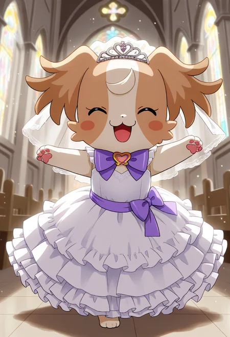 best quality, masterpiece, very aesthetic, dogkomugi, no humans, solo, :3, bowtie, dog, bow, church, furry, feral, wedding dress, wedding veil, open mouth, happy, dynamic pose,