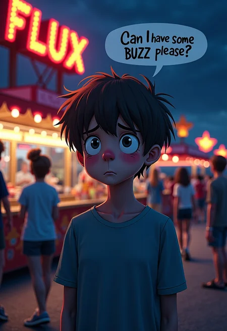 A very sad teenage boy, her eyes pleading tearfully, and gazes directly at the viewer with a speech bubble asking, “Can I have some BUZZ, please?” The scene is set at a nighttime summer festival or carnival. In the background, a stand with a neon sign reads “FLUX,” glowing softly in the dark.