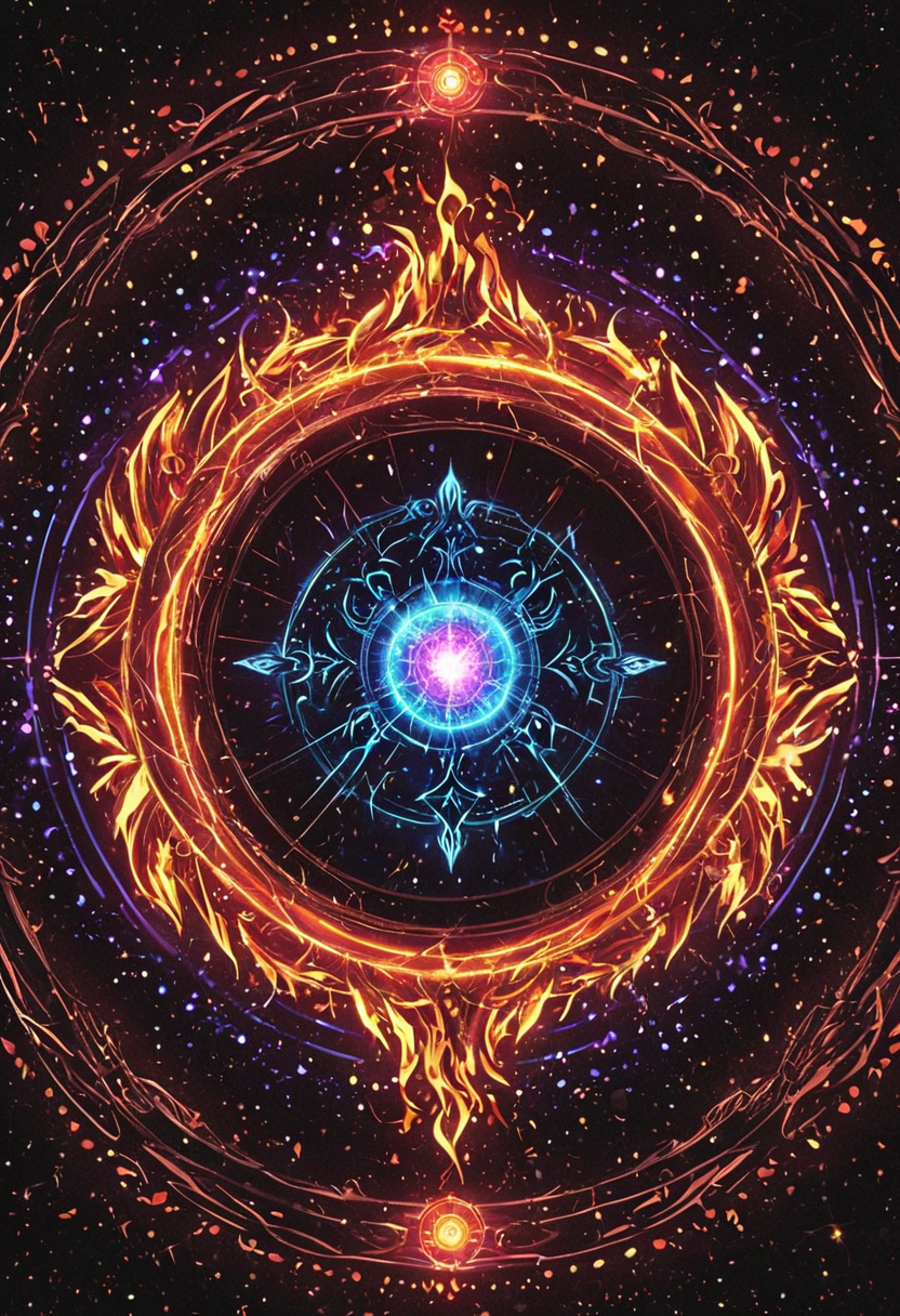 anime artwork <lora:R0k00bstr0ctHD:1>,r0k00bstr0cthd,r0k00bl0ckb0ckgr00ndhd,(shiny, fire, multicolored, black background, glowing, magic circle, aura), . anime style, key visual, vibrant, studio anime,  highly detailed