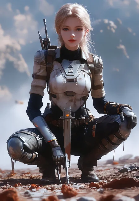 safe_pos, score_9, score_8_up, score_7_up, 1girl, ultra detailed face, huolinger, science fiction, An outdoor war zone scene with a large, four-barrel military turret as the central focus. The turret is massive, metallic, and clearly built for heavy combat, with thick, reinforced armor. Its four large barrels extend outward, showing signs of recent use, with spent shell casings piled beneath them. The turret’s maintenance hatch is open, revealing complex internal machinery. A female mechanic with medium breasts is (squatting) beside the turret, deeply focused on her work. She is wearing a grease-stained jumpsuit, holding a large wrench as she works on the exposed mechanics inside the turret. Around her are scattered tools, along with a mix of unused rounds and spent shell casings. Smoke rises in the distance, and the war-torn environment adds to the urgency, but the mechanic is absorbed in repairing the turret, which towers over her in the scene