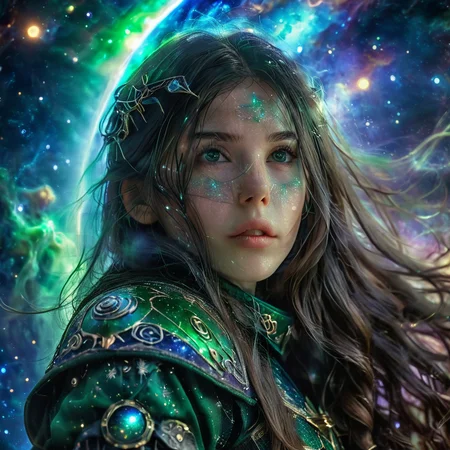 masterpiece,high resolution,8k,
<lora:celestial_warriorXL:0.8>,celestialwarrior, overalldetail,facedetail,eye detail,
1girl, solo, long hair, sky,green theme,universe backround,,sleeves,hands down