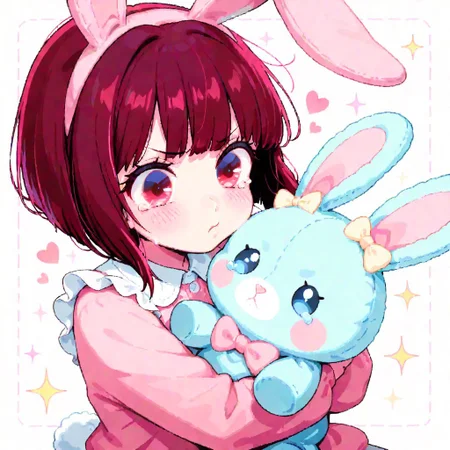 masterpiece, best quality, amazing quality, very aesthetic, high resolution, ultra-detailed, absurdres, newest, AgeRegression, 1girl, baby, toddler, arima kana, pouting, tears, cute, holding, hugging, bunny plushie, stuffed toy, stuffed animal, minimalistic, cute, simple, pastel colours, limited palette, medium shot, hearts, stars, sparkles, white line, graphic line, solid white line surrounding character