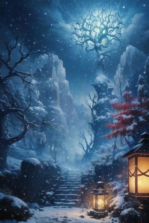 Two small robin birds on a snowy branch of a tree, one with a woolen hat and the other with a scarf illuminated by a lantern hanging from a branch, it is getting dark and snowing, in the background the last lights of the day and snowy trees blurred by the fog and falling snow, 3D style, Disney, Pixar, 4K, the little birds in focus, detailed drawing something that does not even exist, mythical being, energy, molecular, textures, impressive beauty, pure perfection, divine presence, unforgettable beauty, impressive , impressive, volumetric light, auras, rays, vivid reflected colors, you can see snowflakes falling, studio lighting, very detailed