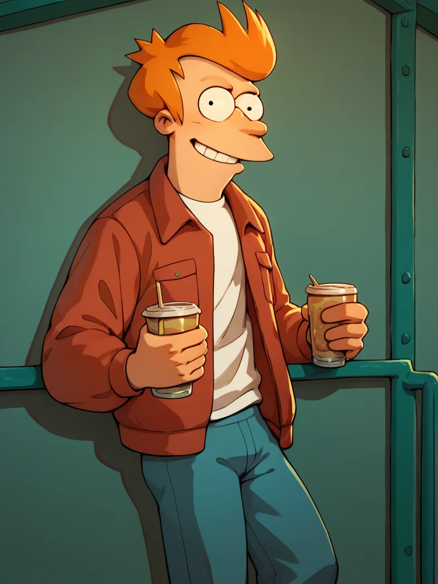 score_9, score_8_up, score_7_up, score_6_up, score_5_up, <lora:FryXLP:1> fry, 1boy, solo, orange hair, jacket, white shirt, pants, smile