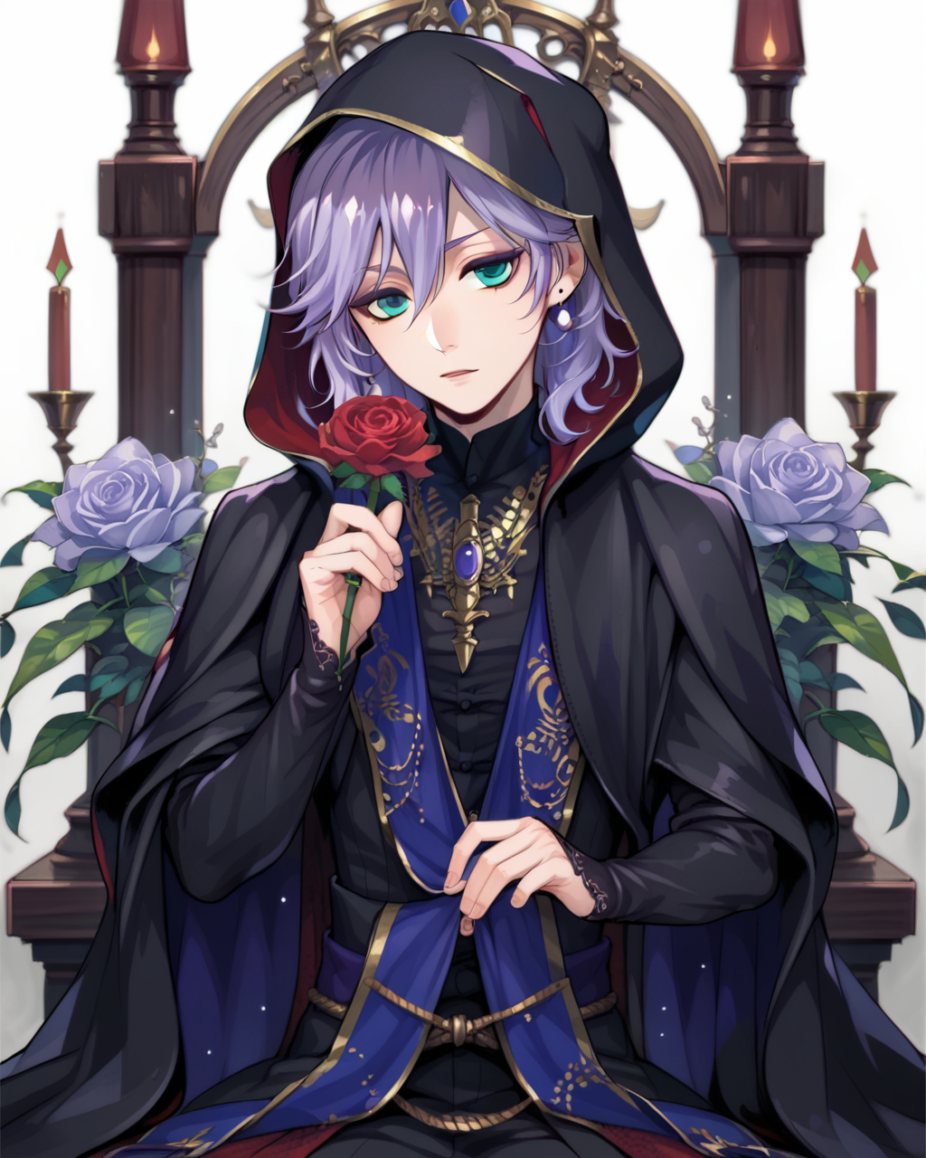 <lora:Epel FelmierPDXL_v1:1>Epel FelmierPDXL, 1boy, solo, flower, rose, male focus, holding, sitting, Ceremonial attire, hood,, <lora:princess_xl_v2:0.8><lora:g0th1cPXL:0.3> g0th1cpxl<lora:Expressive_H:0.8> ExpressiveH<lora:NAI Smooth Boys Style SDXL_LoRA_20r_20e_8i_nr32_a16_Pony Diffusion V6 XL:0.8> score_9, score_8_up, score_7_up,