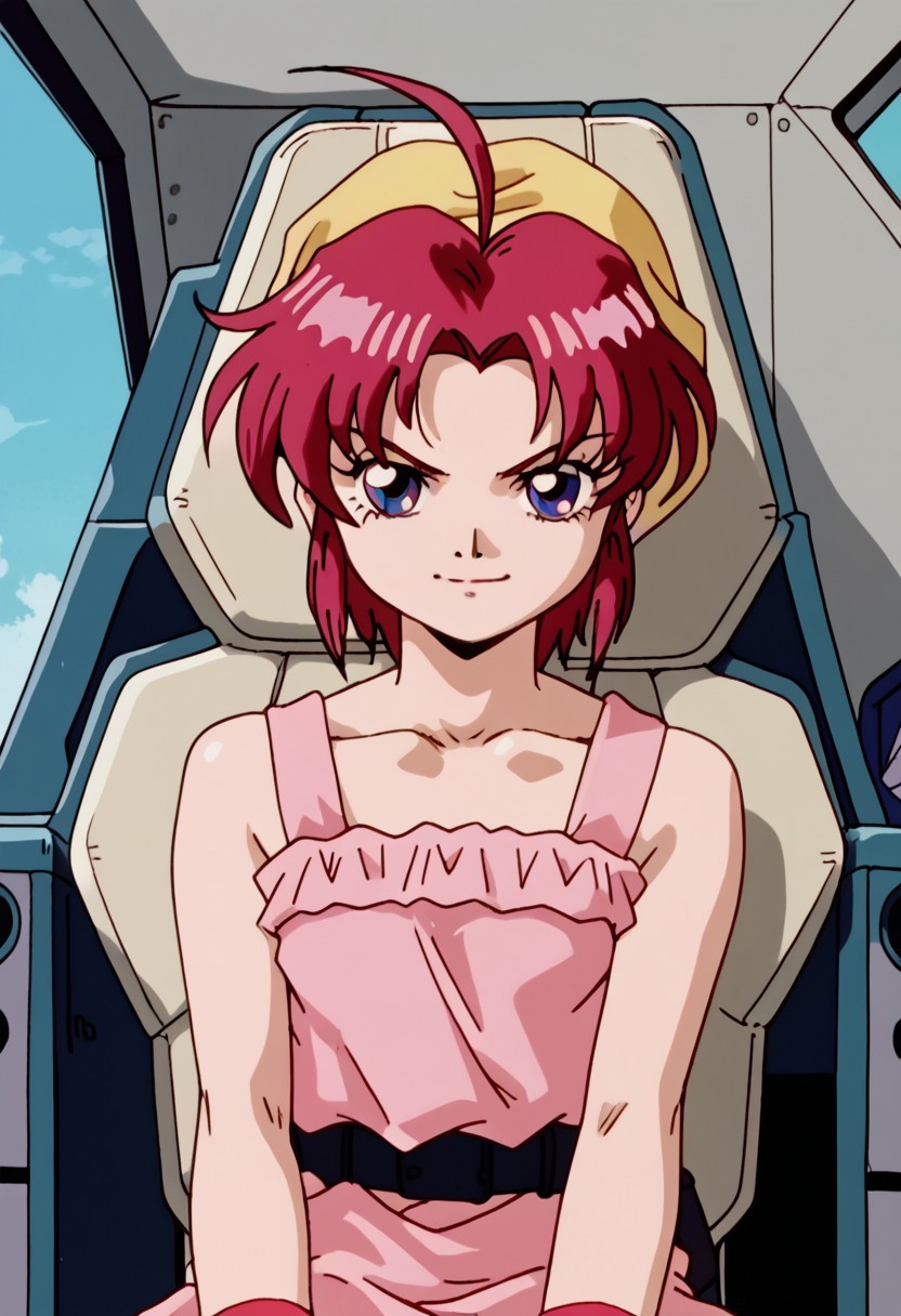 score_8, score_8_up, score_7_up, AWGXS, anime screenshot, retro artstyle,1990s (style), cel animation BREAK 1girl, female focus, solo, Karin_CR, ahoge, yellow bandana, bandana, red hair, short hair, parted bangs, sidelocks, bare shoulders, dress, pink dress, belt, wristband,  cockpit, straight-on, looking at viewer,  serious expression, smile, sitting, upper body, rating_safe
