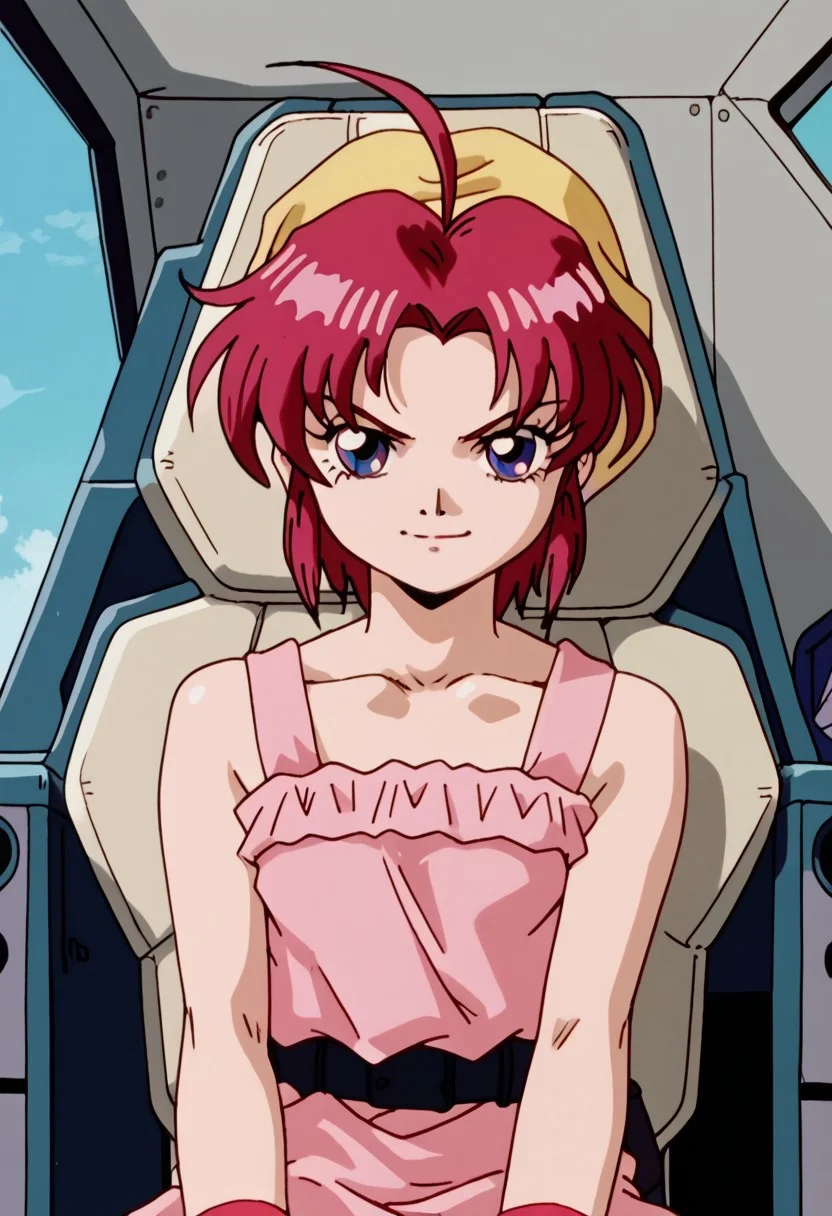 score_8, score_8_up, score_7_up, AWGXS, anime screenshot, retro artstyle,1990s (style), cel animation BREAK 1girl, female focus, solo, Karin_CR, ahoge, yellow bandana, bandana, red hair, short hair, parted bangs, sidelocks, bare shoulders, dress, pink dress, belt, wristband, cockpit, straight-on, looking at viewer, serious expression, smile, sitting, upper body, rating_safe