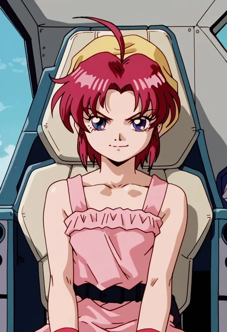 score_8, score_8_up, score_7_up, AWGXS, anime screenshot, retro artstyle,1990s (style), cel animation BREAK 1girl, female focus, solo, Karin_CR, ahoge, yellow bandana, bandana, red hair, short hair, parted bangs, sidelocks, bare shoulders, dress, pink dress, belt, wristband, cockpit, straight-on, looking at viewer, serious expression, smile, sitting, upper body, rating_safe