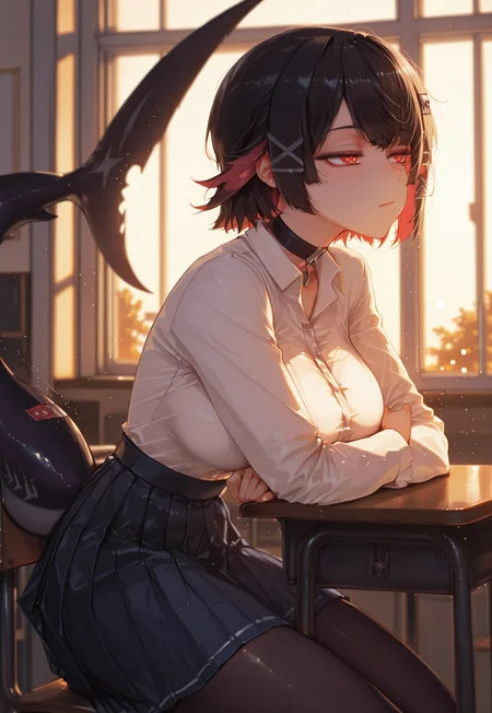 safe_pos, masterpiece, best quality, amazing quality, artist:moriimee, 748cmstyle, in the style of ck-rw, absurdres, perfect face, detailed face, eye_focus, 

(Girl:0.0), 1girl, Ellen_Joe, red_eyes, ultra-detailed anime eyes, black_hair, short_hair, colored_inner_hair, large_breasts, fish_tail, hair_ornament, hairclip, x_hair_ornament, black_choker, school_uniform, white_shirt, collared_shirt, blue_skirt, pleated_skirt, black_pantyhose, fins, buckle

(Pose:0.0), ((looking at out window)), sitting on chair, sitting behind school desk, arms on desk, arms crossed, slumped over desk, chin on arms, tail through chair opening,

(Emotion:0.0) sleepy, tired, eyes half open, calm, bored, mouth closed, 

(Scene:0.0), from side, Indoors, school classroom, golden hour, schoolyard visible through window, (dark shadows:1.0), high contrast, volumetric lighting, blurry background, depth of field, aesthetic, cowboy shot,