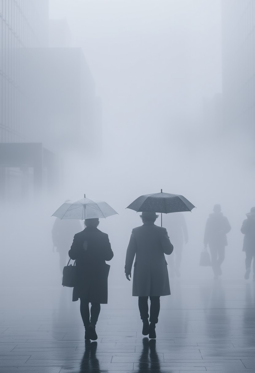 Ghostly Pedestrians:
Figures of pedestrians emerge like spectral shadows, their forms softened by the mist. Umbrellas and coats add to the mystique as people move through the city with an air of quiet determination.