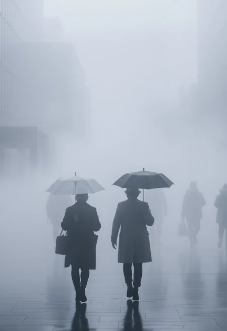 Ghostly Pedestrians:
Figures of pedestrians emerge like spectral shadows, their forms softened by the mist. Umbrellas and coats add to the mystique as people move through the city with an air of quiet determination.
