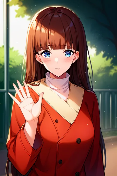 score_9, score_8_up, score_7_up, score_6_up, score_5_up, score_4_up, rating_questionable, , source_anime, digital illustration, pixiv, fanbox, uncensored, , BREAK, official art,
1girl, solo, female, joohee,, reddish brown hair, blue eyes, long hair, blunt bangs,
red coat, long coat, turtleneck, , upper body, close-up, waving, outdoors, blush, looking at viewer, cowboy shot, <lora:Joohee_Pony-10:0.9>