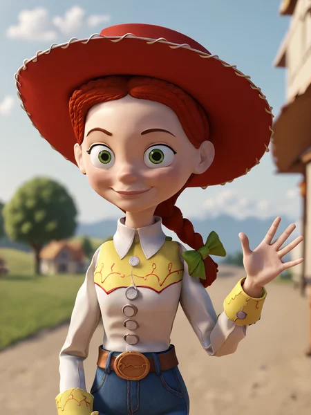 score_9, score_8_up, score_7_up,  score_6_up, BREAK, ToyJessie, 1girl, solo, green eyes, red hair, braid, bow, cowboy hat, shirt, looking at viewer, closed mouth, smile, raise right hand, waving  <lora:Jessie-000009:1>