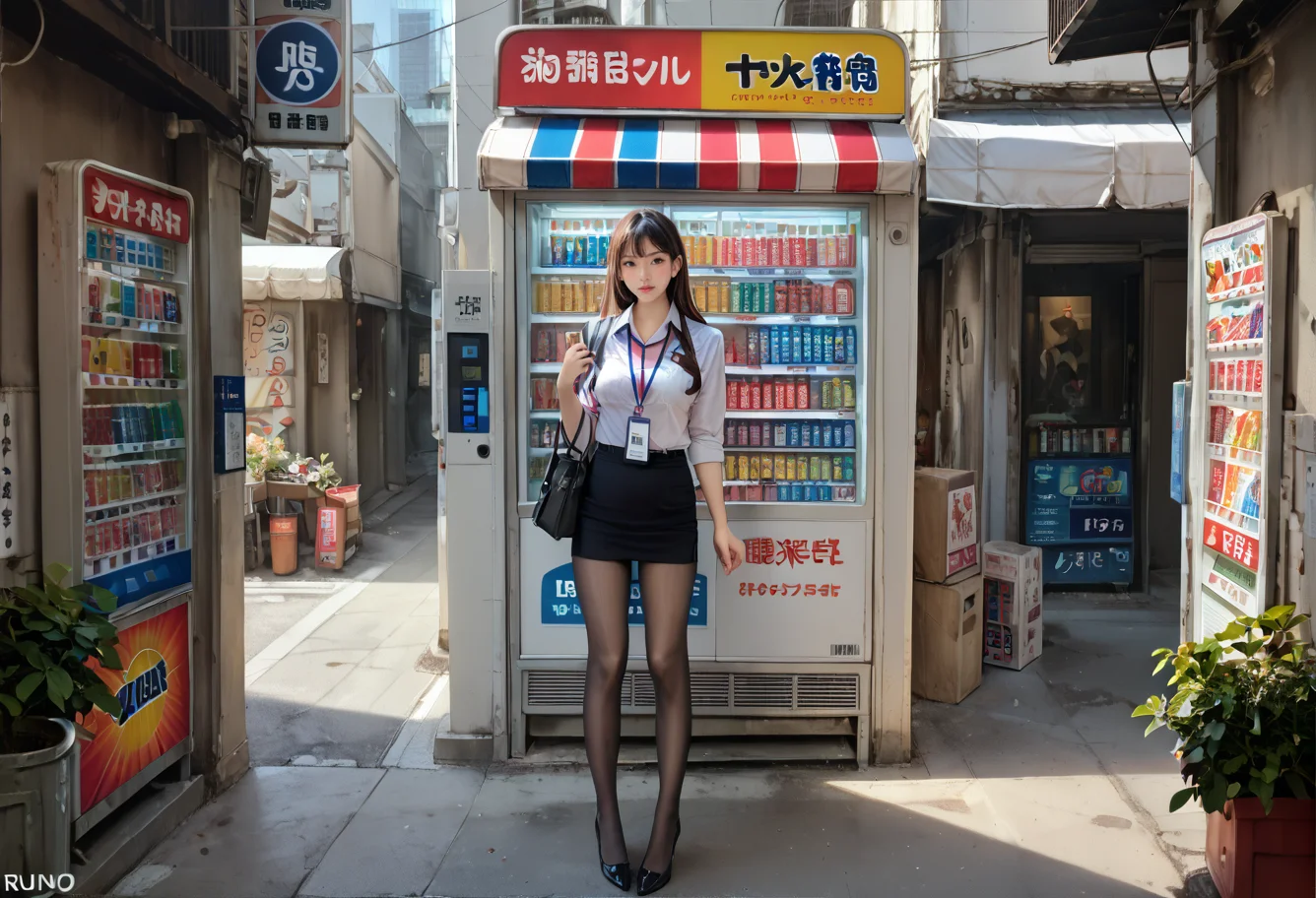 score_9,score_8_up,score_7_up,8k,,ruanyi0727,outdoors,alley,vending machine,lantern,storefront,,ruanyi0506,bra,pantyhose,miniskirt,id card,lanyard,black bra,black necktie,<lora:0727 japanese street_v1_pony:1>,<lora:0506 Emma OL_v1_pony:0.7>