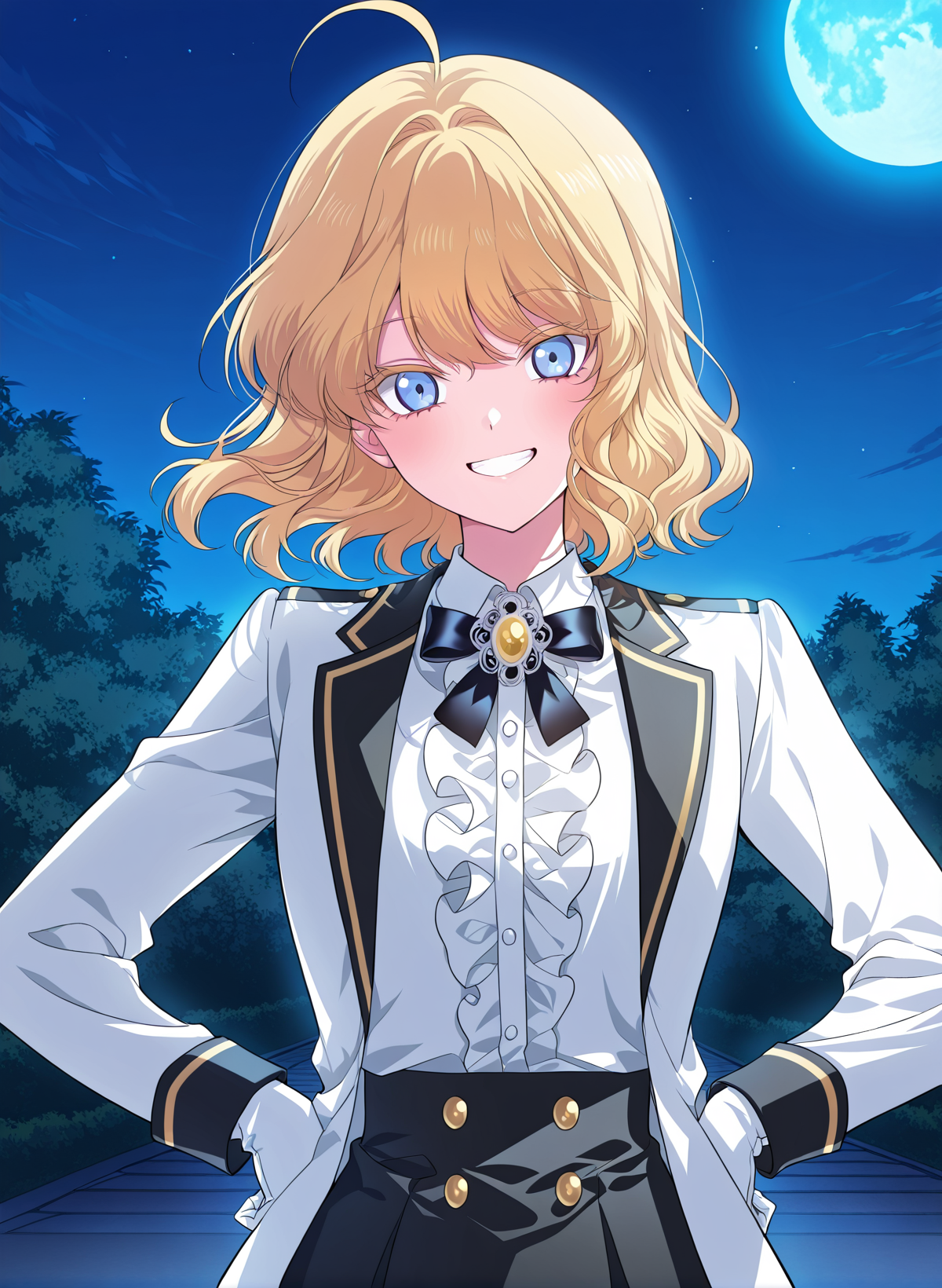 <lora:Heresy_Inquisitor_Female__SSS_Class_Suicide_Hunter__Illustrious:1>
1 girl, solo, blue eyes, short hair, wavy hair, blonde hair, fluffy hair, loose curls, ahoge, parted bangs, soft volume, slightly messy, cute face, anime style, 
white dress shirt, ruffled shirt, white jacket with black trim, black skirt with gold trim, gold buttons, academy uniform, white gloves, black ribbon bow, ornate brooch, 
score_9, score_8_up, score_7_up, very aesthetic, source_anime, detailed, high quality, beautiful, masterpiece, very aesthetic, high definition, amazing quality, highres, absurdres, outdoors, looking at viewer, smile, grin, hands on hips, night, blue moon