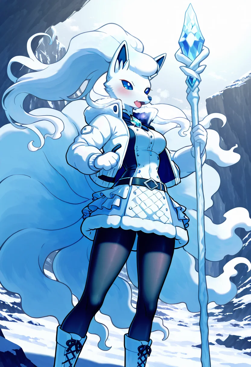 masterpiece, best quality, zzNinetalesA, 1girl, solo, windblown ponytail, curtain bangs, arctic explorer jacket, quilted bodice, thermal tights, belted utility skirt, crystal brooch, icy canyon path, fierce storm. Clutching her staff against the roaring storm, she presses forward along the canyon ledge. Her explorer jacket is cinched tight with frost clinging to the edges, and her boots leave crisp indentations in the snow. Her breath is steady, her gaze sharp, as the wind tears at her windblown ponytail. <lora:NinetalesAlolanPokedex_IXL_v1:1.0>,