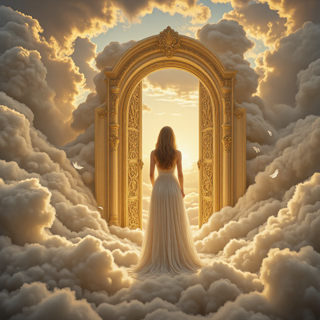 digitally created, surrealistic artwork depicting a woman standing at the top of a grand, ornate, golden door. The door, which appears to be an entrance to another realm, is surrounded by swirling, dense clouds that resemble a sky. The woman, with long, flowing brown hair, is dressed in a white, elegant gown that drapes gracefully around her. She is facing away from the viewer, looking out into the ethereal scene., 
The sky above is a blend of warm, golden hues from the setting or rising sun, creating a serene and mystical atmosphere. Feathers are scattered around the scene, adding a sense of weightlessness and magic. The clouds below the door are thick and fluffy, providing a soft, cushiony texture that contrasts with the hard, detailed surface of the door. The door itself is intricately designed with ornate carvings and a golden finish, enhancing its regal appearance., 
The overall style of the artwork is fantastical and dreamlike, with a focus on light and texture, creating a sense of otherworldly beauty and wonder. The woman's presence adds a human element to the surreal setting, making the scene both inviting and mysterious., <lora:aidmaImageUpraderv0.3:0.4>, aidmaimageupgrader, <lora:diffusion_pytorch_model:1>, <lora:aidmaMJ6.1v0.4:0.6>, aidmaMJ6.1, ultra quality, ultra detailed, intricate details