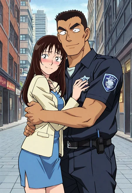 Anime, quality,high quality,masterpiece,extremely detailed,correct anatomy,best aesthetic, detailed face, (EyesHD), (duo), outdoor, city street, (1man, man taller male, man slender body, man crew cut, solid pupils:1.5, man black short hair, Date Wataru, man dark navy police uniform, man dark navy police shirt, dark navy pants, man soft smile face, man hugging, man tanned skin, man looking at girl), BREAK, (1girl, nastumi01, girl long hair, girl brown hair, girl light yellow jacket, girl blue pencil skirt, girl blue dress, girl blush, girl shy face, girl pretty face, girl slender body)