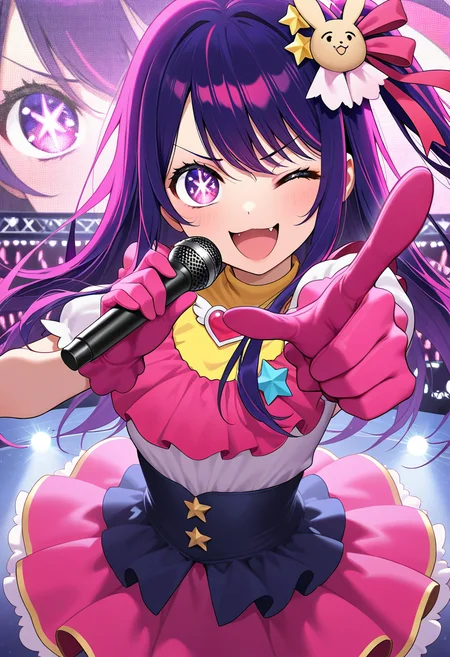 masterpiece,best quality, Super Detail, highest quality,amazing quality, hoshino ai, purple hair, purple eyes, long hair, symbol-shaped pupils, star-shaped pupils, star (symbol), 1girl, microphone, one eye closed, gloves, solo, holding microphone, hair ornament, smile, dress, holding, open mouth, idol, pointing, pointing at viewer