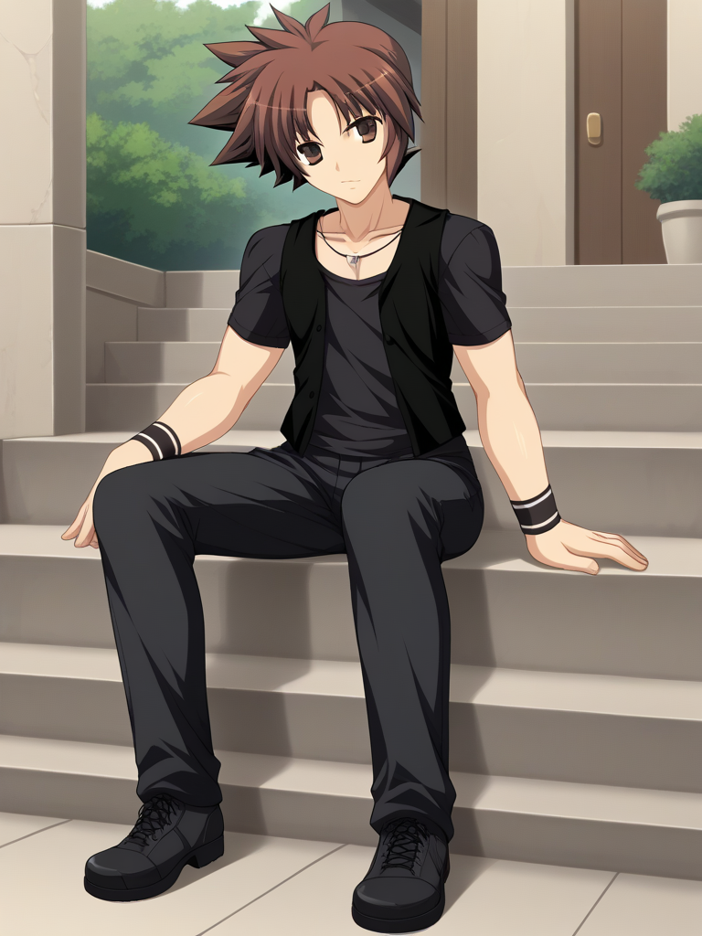 1boy, solo, reijilokiEXAEXSFA, brown hair, spiked hair, brown eyes, t-shirt, vest, wristband, pants, necklace, jewelry, shoes, outdoors, stairs, sitting, full body, looking at viewer,