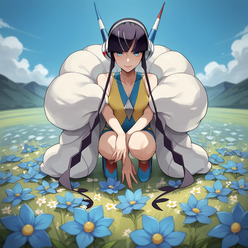 zPDXL2,score_9, score_8_up, score_7_up, score_6_up, score_5_up, score_4_up, <lora:Flower_Field:0.7> flw3r, outdoors, flower field, blue sky, blue flowers, 1girl, solo, Elesa \(Pokemon\)
