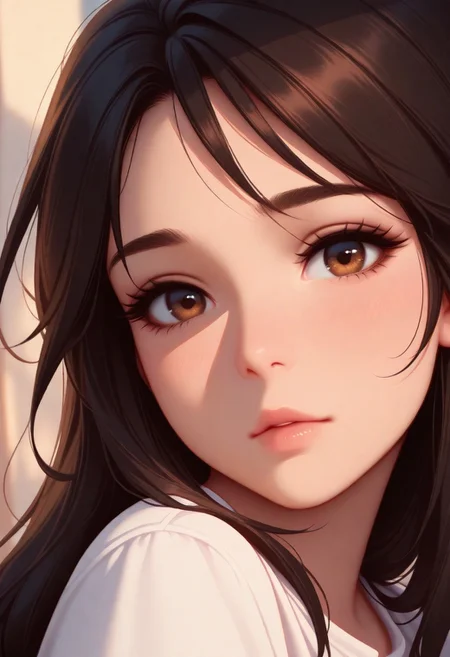 masterpiece, best quality, amazing quality, very aesthetic, (flat colors:1), (Artist:Tsuaii:1), close up portrait, zoomed portrait, 1girl, looking at viewer,
ffixgarnet, black hair, brown eyes, low-tied long hair, white shirt