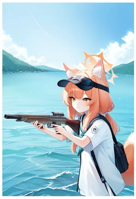 score_9, score_8_up, score_7_up, upper body
easynegative, ncpy45 style watercolor, fox ears,fox tail,Mari_(Blue_Archive), ,holding salmon,outdoor fishing clothes,shotgun