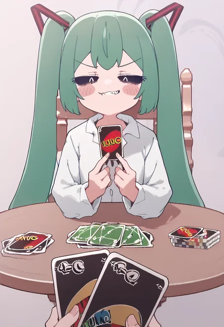 (score_9, score_8_up, score_7_up) BREAK source_anime, absurdres
1girl, twintails, green hair
sleeves past wrists, white shirt, collared shirt
shiny skin
smug, looking at viewer, holding card, pov, playing card, table, smirk, clenched teeth
<lora:Smooth Anime Style LoRA XL:0.32> , <lora:Expressive_H:0.3> , <lora:princess_xl_v2:0.35>, <lora:nunumiku.pony:1> nunumiku, aaa
<lora:ImminentUnoLossMeme_pdxl_Incrs_v1:0.55>, <lora:D1zzysp3llsXLP:1> d1zzysp3lls