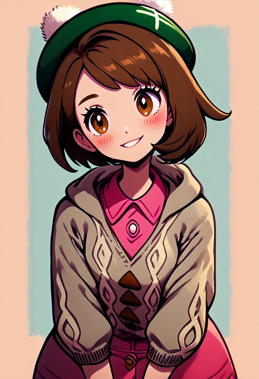 score_9, score_8_up, score_8, medium breasts, (curvy), cute, eyelashes,     pastel, 
BREAK,
gloria (pokemon), brown eyes, brown hair, 
green hat, grey cardigan, hooded cardigan, cable knit, pink dress, green socks, long sleeves, collared dress,
smile, cowboy shot, head tilt, leaning forward, blush, 
zPDXL,
