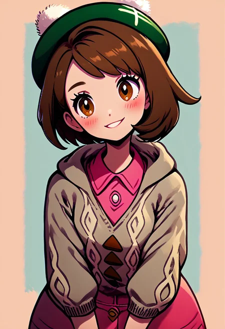 score_9, score_8_up, score_8, medium breasts, (curvy), cute, eyelashes,     pastel, 
BREAK,
gloria (pokemon), brown eyes, brown hair, 
green hat, grey cardigan, hooded cardigan, cable knit, pink dress, green socks, long sleeves, collared dress,
smile, cowboy shot, head tilt, leaning forward, blush, 
zPDXL,
