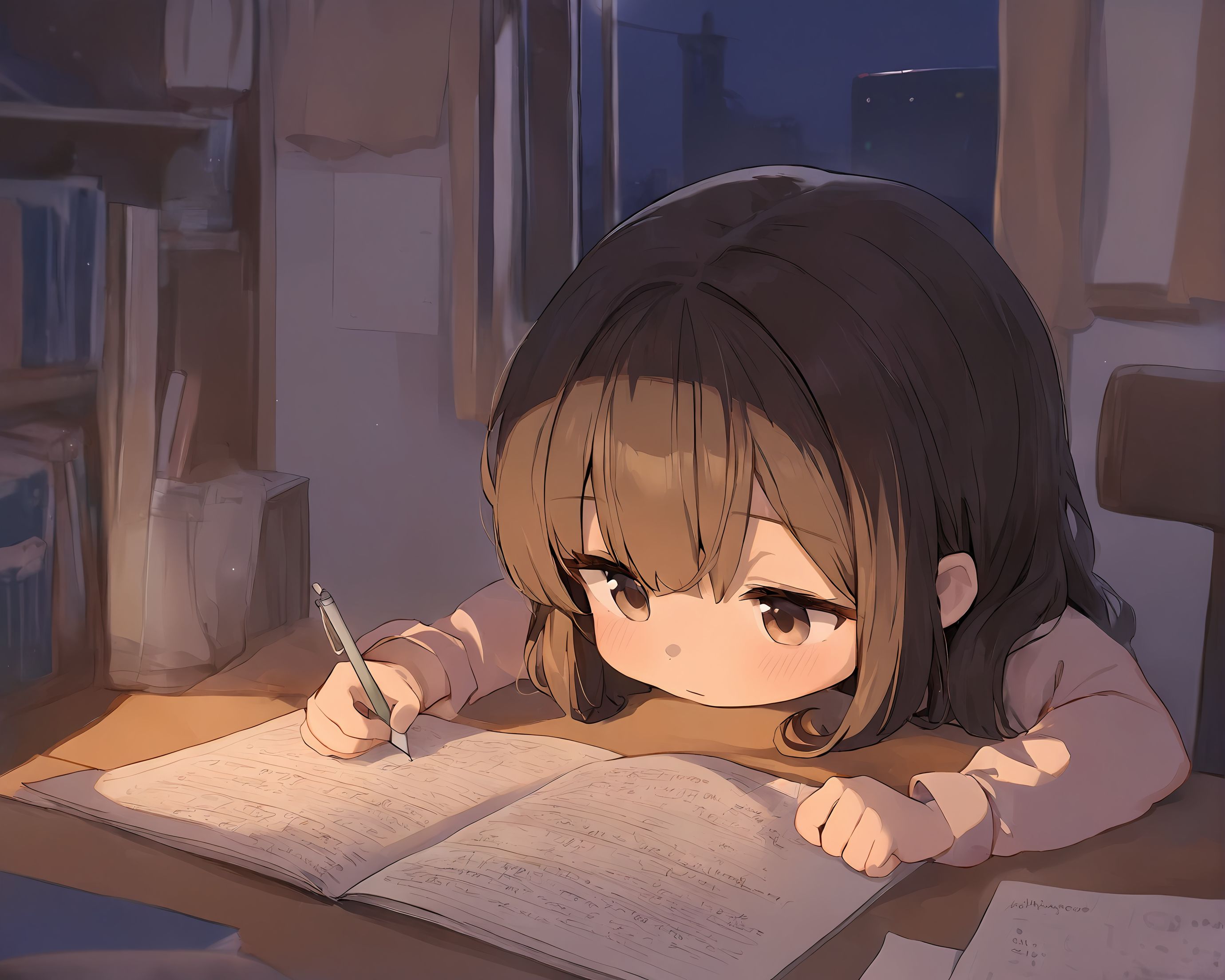 1girl, solo, young girl, studying, homework, night, low light, room, dark <lora:newhotaru_ill:1>