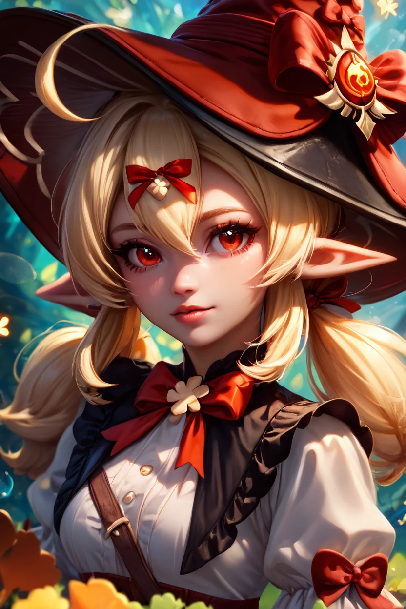 score_9, score_8_up, score_8, medium breasts, (curvy), cute, eyelashes, ,,, , ,,, zzKlee, hair between eyes, red eyes, ahoge, blonde hair, long hair, low twintails, pointy ears, twintails, witch hat, bow, gloves, short sleeves, black gloves, alternate costume, sidelocks, hat bow, <lora:KleeBlossomingStarlight_Genshin_PDXL:1.0>, ,,,, BREAK, (ultra realistic,32k, masterpiece:1.2),(high detailed skin:1.1),( high quality:1.1), head tilt, lips, closed mouth, shiny clothes, (upper body), looking at viewer, bokeh, luminescent background, ,,, embedding:zPDXL, Expressiveh, ,,, <lora:RlAnmPDXL:1.0>,