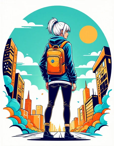 circular tshirt design, illustration of a woman with white hair and backpack standing in front of a futuristic cyberpunk city, teal and orange color scheme, pop art style, comic drawing, intricate abstract details, 2d game art for gta cover 5h1rt