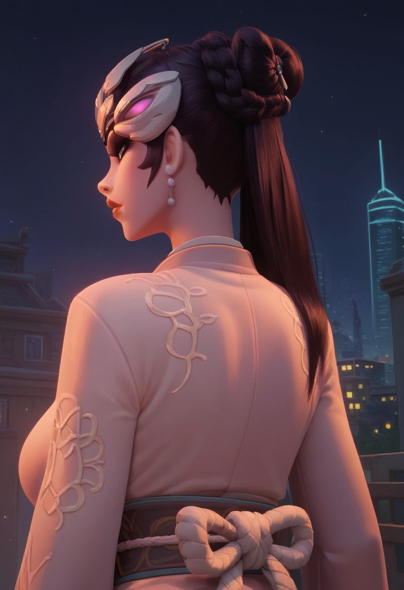 score_9, score_8_up, score_7_up, score_6_up, score_5_up, score_4_up,  painting, draw,  (city, building, night, seductive pose,  indoor), Large Ass, from Behind, look away
palewidow, kimono, headwear, upper body,
<lora:princess_xl_v1:0.8>,  <lora:owc-guy-PONYv1:0.7>,   <lora:g0th1cPXL:0.45>,  <lora:incase-ilff-v3-4:0.5>,  <lora:add-detail-xl:0.4>,  <lora:Overwatch_WidowMaker_-_Pale_Serpent_Skin:0.6>