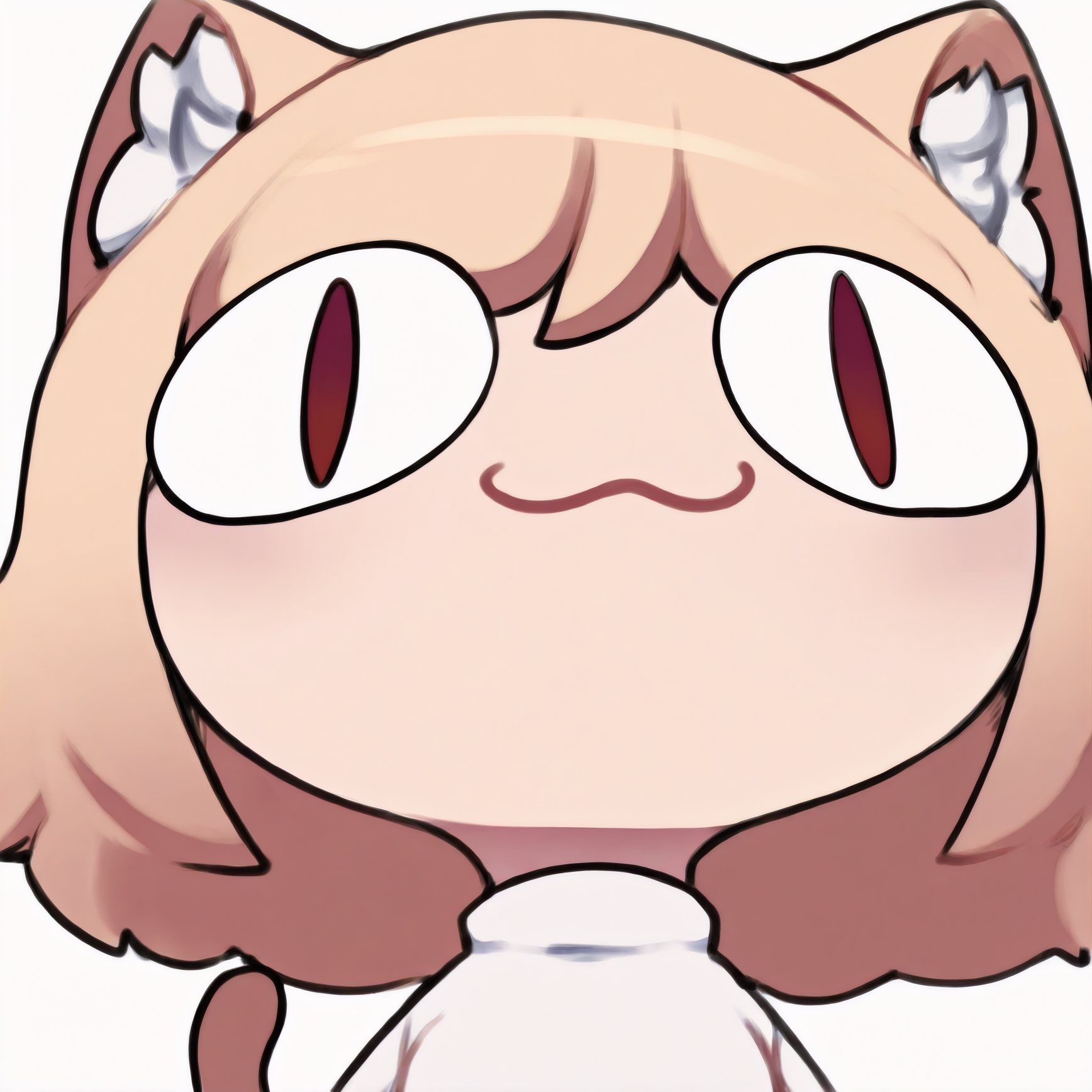 1girl, solo, 
masterpiece, best quality, <lora:necoarc-guy90-Illust-LoraV1:1>, cracen, animal ears, short hair, blonde hair, :3, cat girl, cat tail, red eyes, slit pupils, chibi, animal ear fluff, white sweater, <lora:meme_mutsukiface_illustriousXL:1> mutsukiface, portrait, close-up, smile, closed mouth, white background, wall-eyed