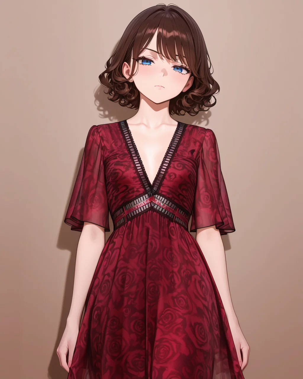 Positive: Masterpiece, best quality, amazing quality, very aesthetic, high resolution, ultra-detailed, absurdres,
1girl,solo,brown_hair, short_hair, curly_hair, looking_at_viewer,blue_eyes,   
red v-neck belt rose print chiffon dress,
cowboy_shot,disdain,