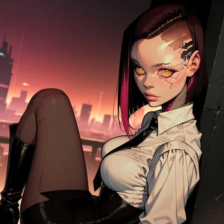 (Score_9_up, Score_8_up, Score_7_up), Mikado, ((masterpiece)), ((best quality)), ((highest resolution)), (extremely detailed), (detailed eyes), (depth of field), (beautiful and sexy detailed eyes:1.2), (asian eyes), (amber eyes), (detailed dark iris), (detailed hair strands), (short dark hair with coloured highlights, neon highlights), (perfect and natural lips), (glossy lips), (round cute face), (large soft breasts, slender waist, wide hips, strong legs, strong arms), (white shirt, collared shirt, backless shirt, black pencil skirt, stiletto high heeled boots, black tie), (neon city, ethereal, cyberpunk, dark grime, nighttime, dark theme), (dynamic angles), (dutch angle), (sexy expression)