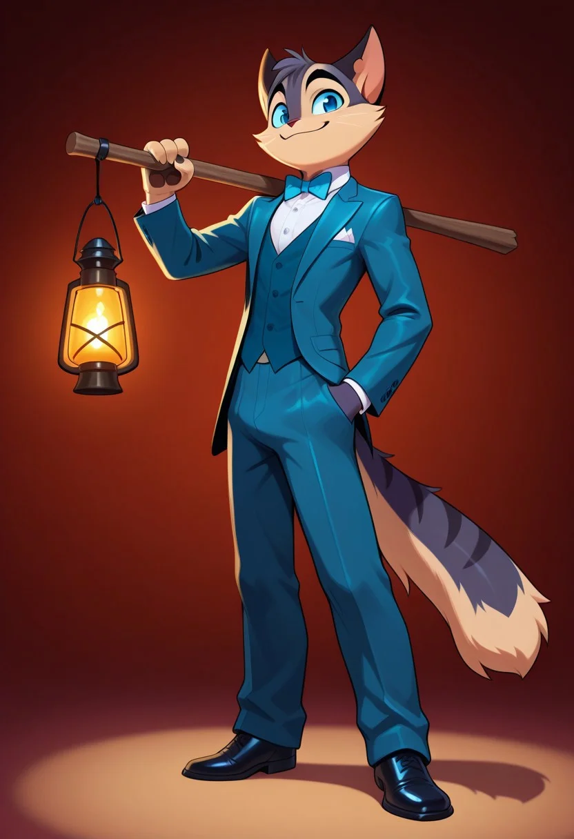 incredible quality, shiny skin, high quality, highres,rocky rickaby, furry, furry male, cat, solo, suit, formal, 1boy, hand in pocket, tail, furry, male focus, blue eyes, over shoulder, furry male, lantern, bowtie, full body, smile