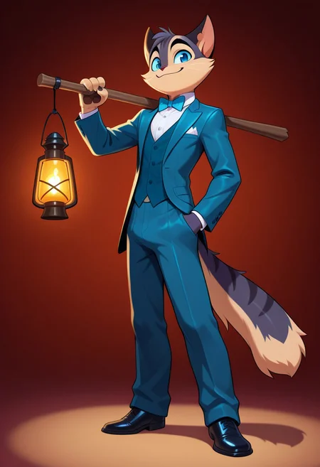 incredible quality, shiny skin, high quality, highres,rocky rickaby, furry, furry male, cat, solo, suit, formal, 1boy, hand in pocket, tail, furry, male focus, blue eyes, over shoulder, furry male, lantern, bowtie, full body, smile