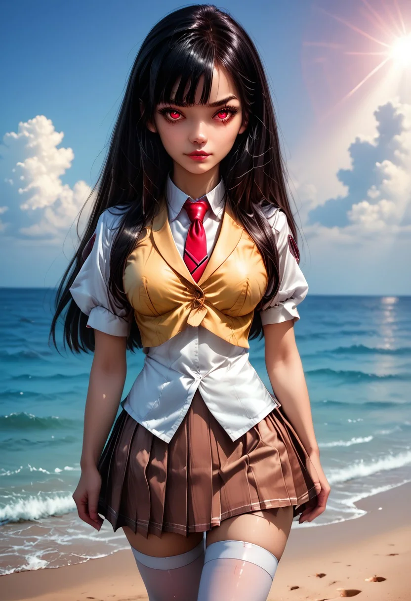 score_9, score_8_up, score_7_up, realistic, (masterpiece:1.3), (absurdres:1.3), (best quality:1.3), (8K), ((perfect face)), detailed hands, detailed eyes, (vivid colors), (intricate details:1.3), vibrant colors, (ultra-detailed:1.3), ((dynamic lighting)), walking on the beach, 3nah1me, 1girl, solo, thighhighs, long hair, black hair, red eyes, skirt, zettai ryouiki, school uniform, flux-scenery, black eyes, necktie, <lora:584554b1-5638-4ae3-a13c-f32e986cc10d:1.0>, <lora:984e68e4-c0be-48ac-93d1-a681f6fa40e1:0.7>, <lora:1b1c37cc-dc95-4d47-a7f9-53ae810a6c11:0.9>, <lora:0e33433a-ce82-4e04-9b01-42ab930a7587:0.7>, <lora:0a2f635a-aed9-4c07-987b-2a6d2edcaadb:0.7>, <lora:e70bd788-b3b8-423c-a607-07afe99d664f:1.0>